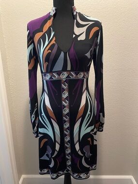 Cache Long-Sleeve V-Neck Abstract Print Dress in Black, Purple, Teal and Brown